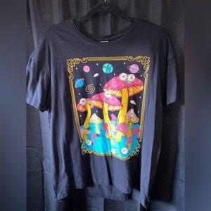 Black t shirt, with mushrooms and planets! Stay Trippy!